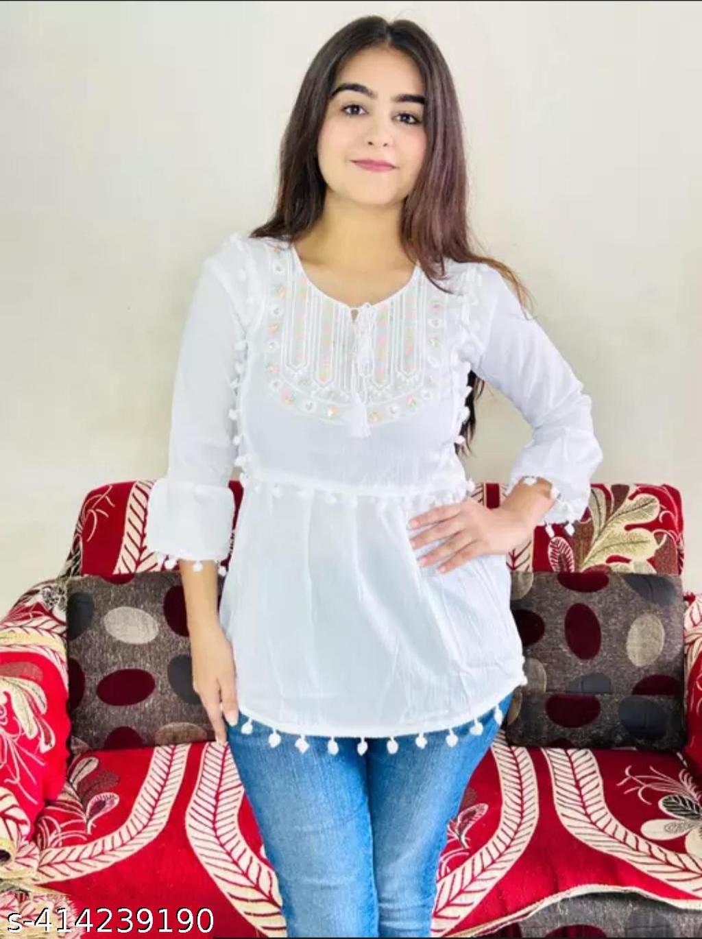 stylish Milory Fashion Western Women Delta Crush Fabric V Neck White Top